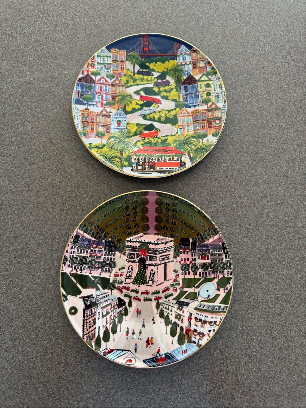 Anthropologie Christmas in the City Dessert Plates San Francisco Paris Set of 2